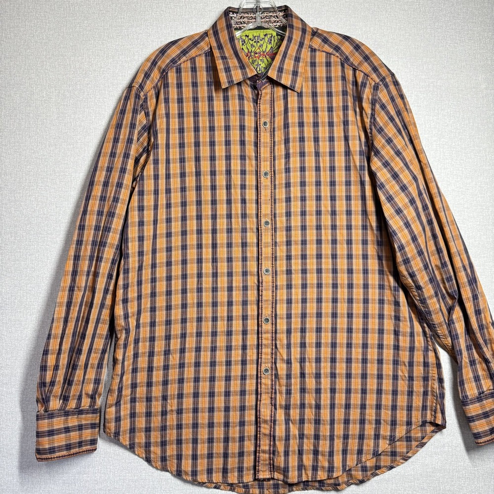 Robert Graham Shirt Mens Large Orange Plaid Long Sleeve Button Front Flip Cuff